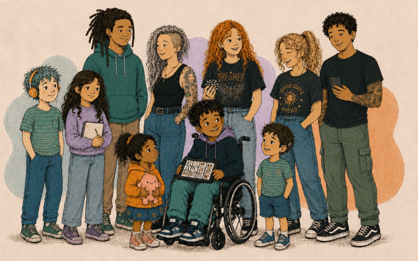 Illustrated group of ten children, teens and young adults of different ages, cultures and abilities — including a wheelchair user sharing an AAC tablet, a child with hearing aids and a child wearing headphones — standing together and smiling